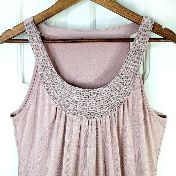 Cable & Gauge Pink Beaded Scoop Neck Tank Top Crystal Collar Sz M - Picture 6 of 14
